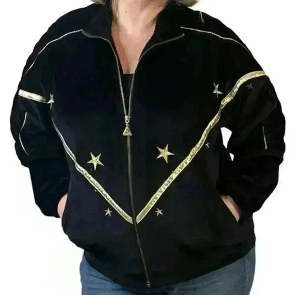 Euro Joy Vintage Velvet Velour Black Jacket Embroidered Gold Stars Size Small - Picture 2 of 8
